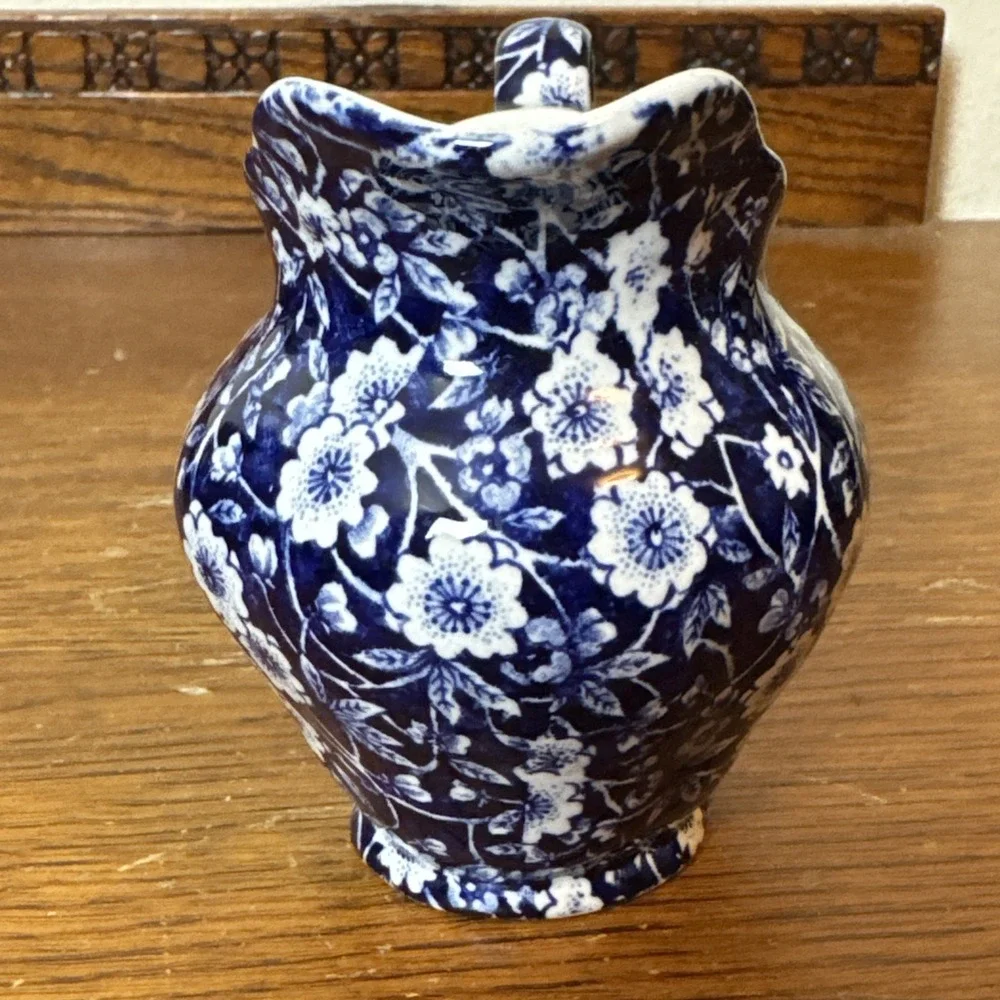 Vtg Royal Crownford Staffordshire Calico Blue Chintz Sugar Bowl & Creamer Set